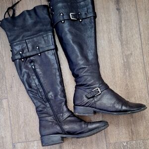 Black Knee-High Leather Boots Women's 8